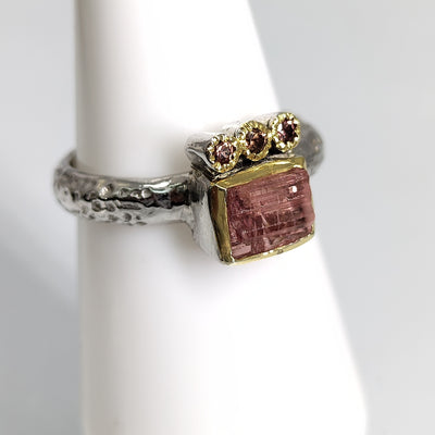 "Rubellite Outta Sight" Sz 7.25 Ring - Raw and Faceted Rubellite Tourmaline, Sterling, 18k