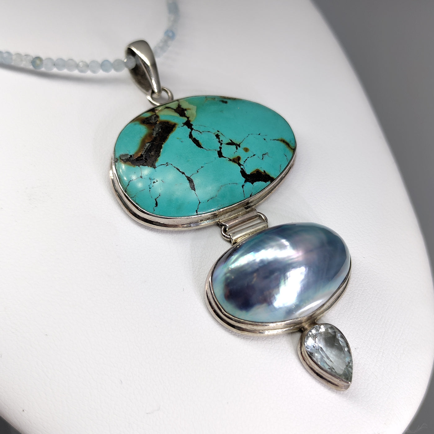 "Blue Drops" Pendant Necklace - Turquoise, Mother-of-Pearl, Topaz, Sterling