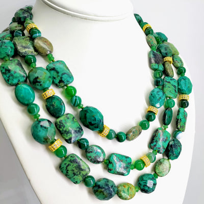 "Goddess In Green!" 20" - 22" Necklace - Chrysocolla, Crystal Pave, Green Onyx, Gold Sterling