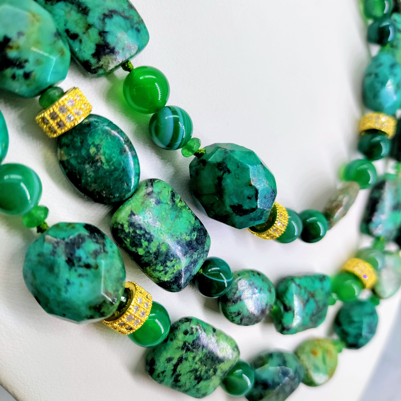 "Goddess In Green!" 20" - 22" Necklace - Chrysocolla, Crystal Pave, Green Onyx, Gold Sterling