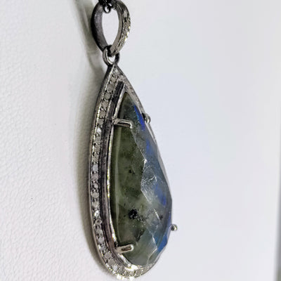 "Flash In The Dark"  Pendant Necklace - Faceted Labradorite, Raw Diamonds, Oxidized Sterling