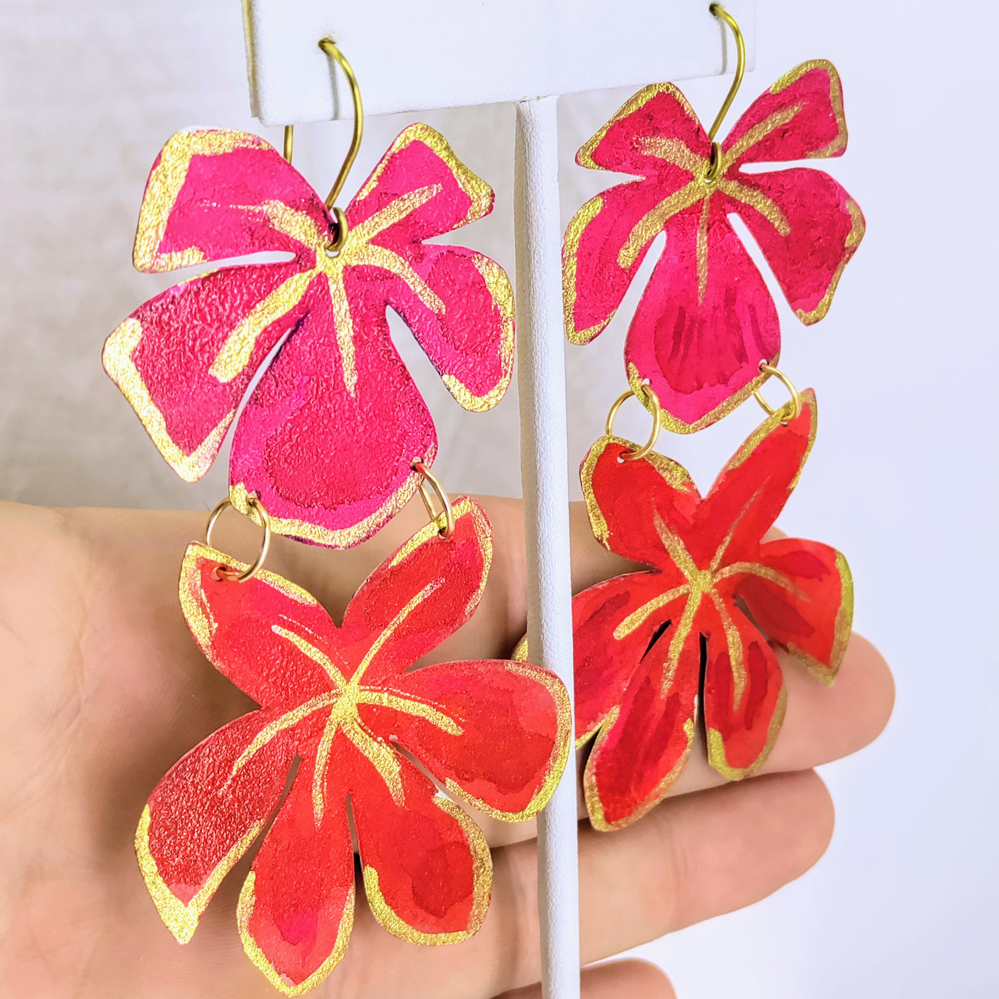 "Fresh Flowers" 3.5" Earrings - (Red/Fuchsia or Blues) Hand-cut/Painted Brass, Gold Sterling