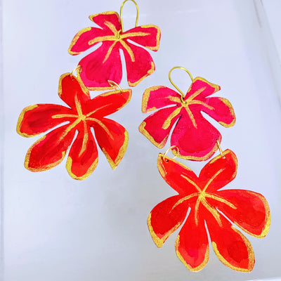 "Fresh Flowers" 3.5" Earrings - (Red/Fuchsia or Blues) Hand-cut/Painted Brass, Gold Sterling
