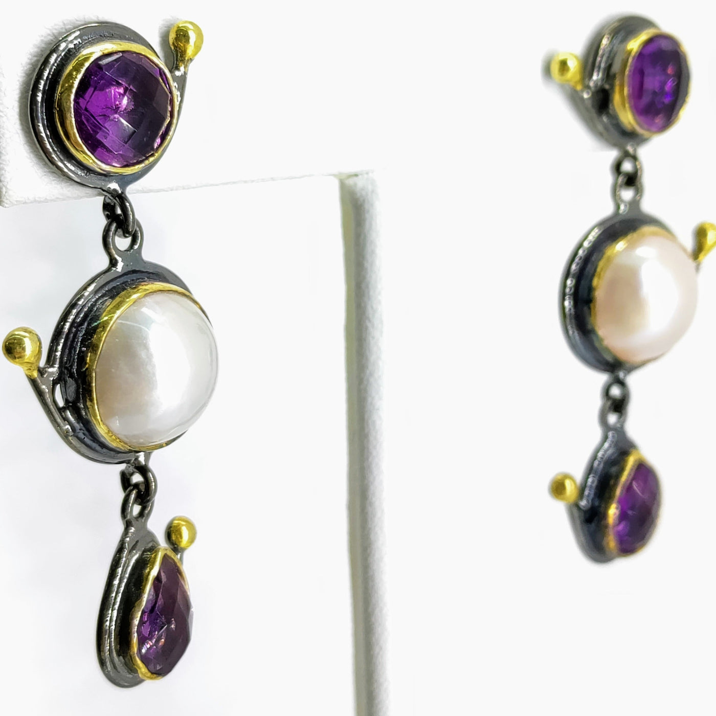 "Mabe' Today!" 2" Earrings - Amethyst, Mabe' Pearl, Black Sterling, 18k Accents