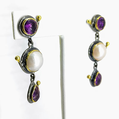 "Mabe' Today!" 2" Earrings - Amethyst, Mabe' Pearl, Black Sterling, 18k Accents