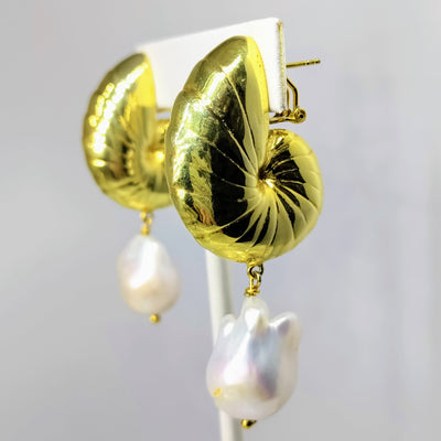 "Nauti-Baroque" 3" Earrings - Baroque Pearl, Gold Sterling