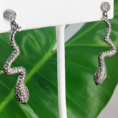 "Come Slither" 2" Earrings - Diamond, Ruby, Sterling