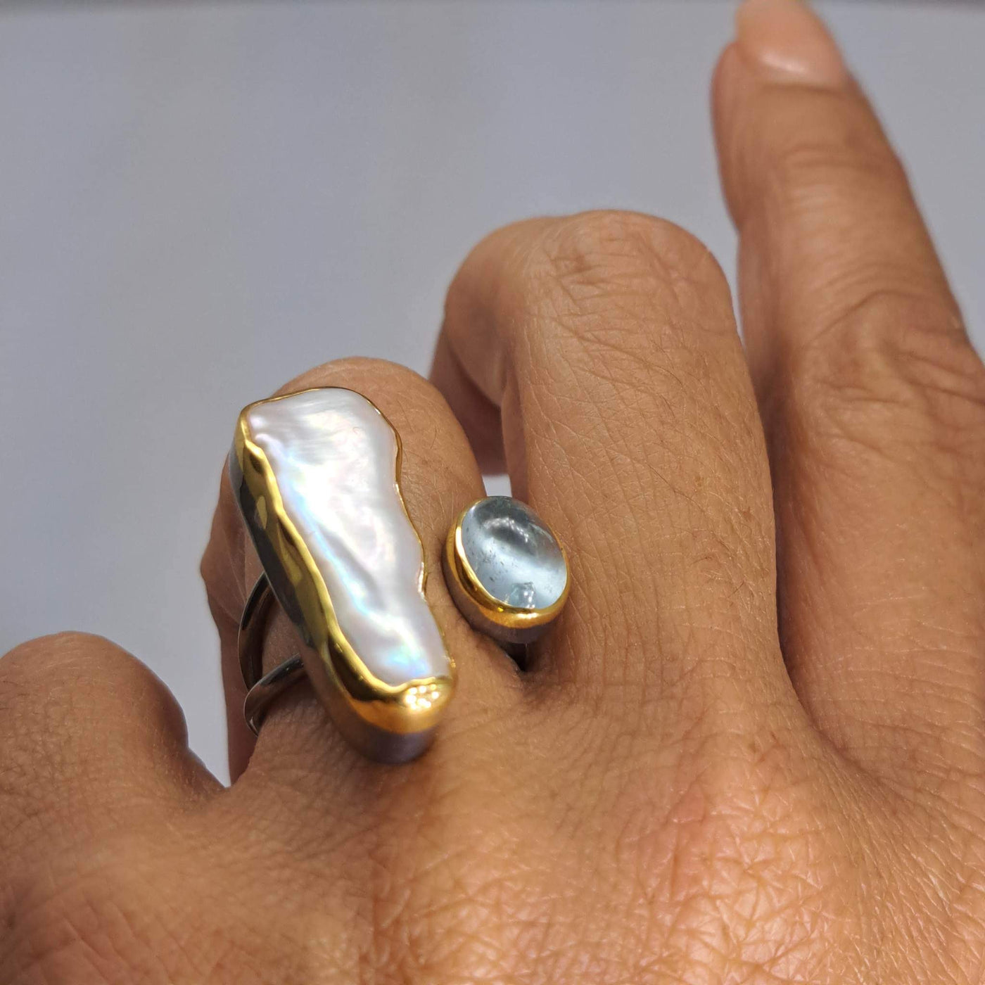 "In The Blue" Adjustable Ring - Aquamarine, Pearl, Black Silver, 18k Gold