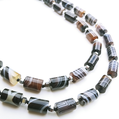"With The Band" 40" Necklace - Banded Agate, Hematite, Sterling