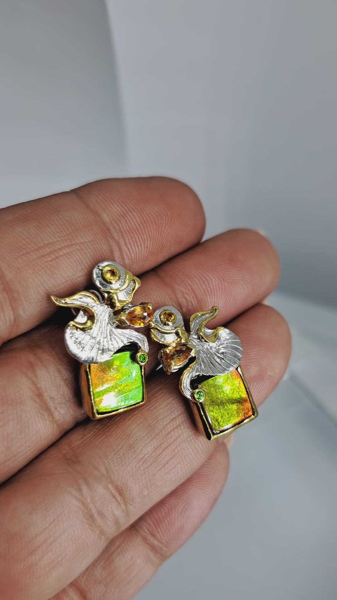 "Ammolite Angels" 1" Earrings - Ammolite, Tsavorite Garnet, Mandarin Sapphire, 18k gold, Sterling