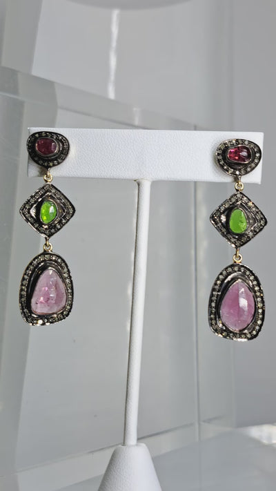 "Triple Dare Darlings!" 2.25" Earrings - Pink and Green Tourmaline, Ruby, Raw Diamonds, Black Sterling & 18k