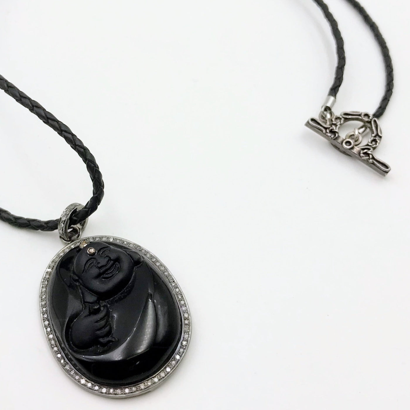 "Black Is Beautiful"  Pendant Necklace - Hand Carved Black Obsidian Buddha, Diamond Halo, Braided Leather, Sterling Clasp