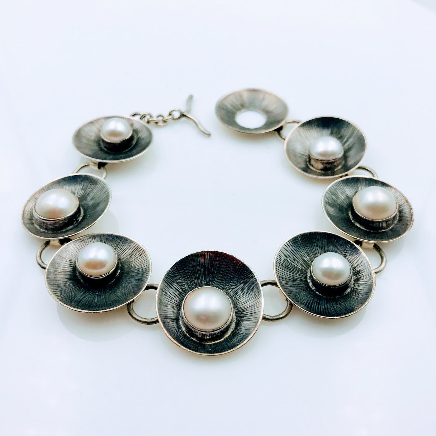 "Lilly Pads" 9" Bracelet - Pearls, Sterling