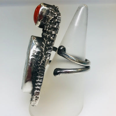 "Seahorse Of Course!" Adj. Sz Ring - Turquoise, Italian Red Coral Sterling