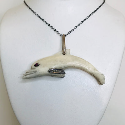 "Splash" Pendant Necklace - Hand-carved Bone, Oxidized Sterling Dolphin Pendant, Diamond & Ruby Accents