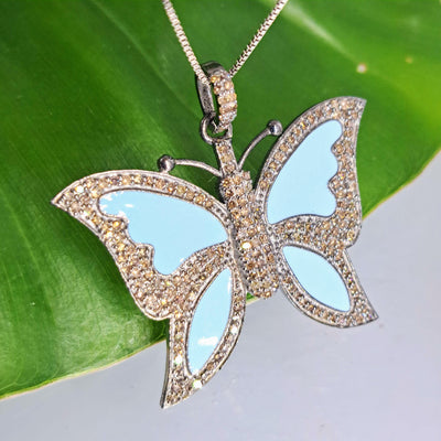 "Flutter" 16" Necklace - Enamel, Diamonds, Oxidized Sterling